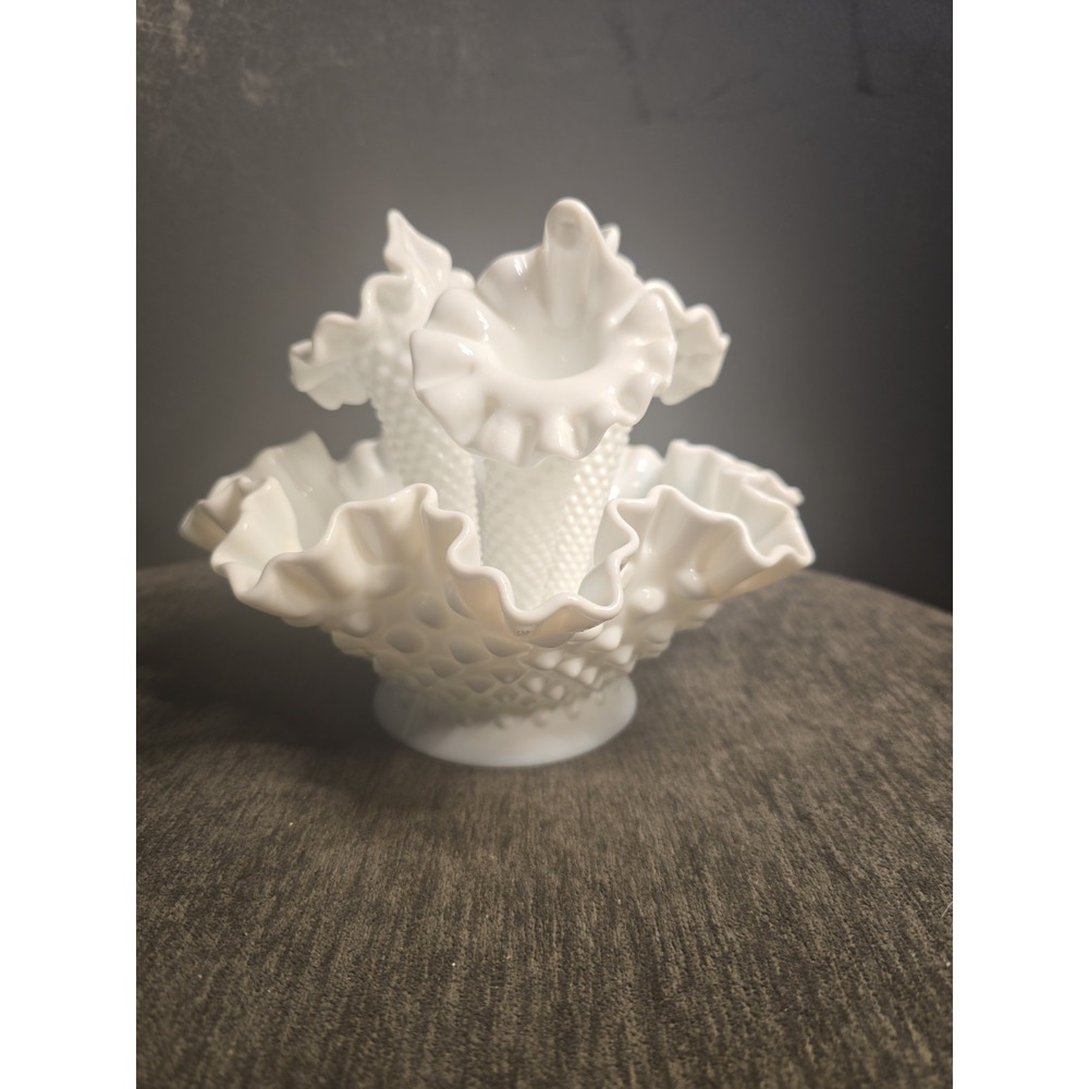 Vintage Fenton Hobnail Milk Glass Epergne Ruffled Bowl 3 Horned Vase Art Glass - Picture 2 of 11